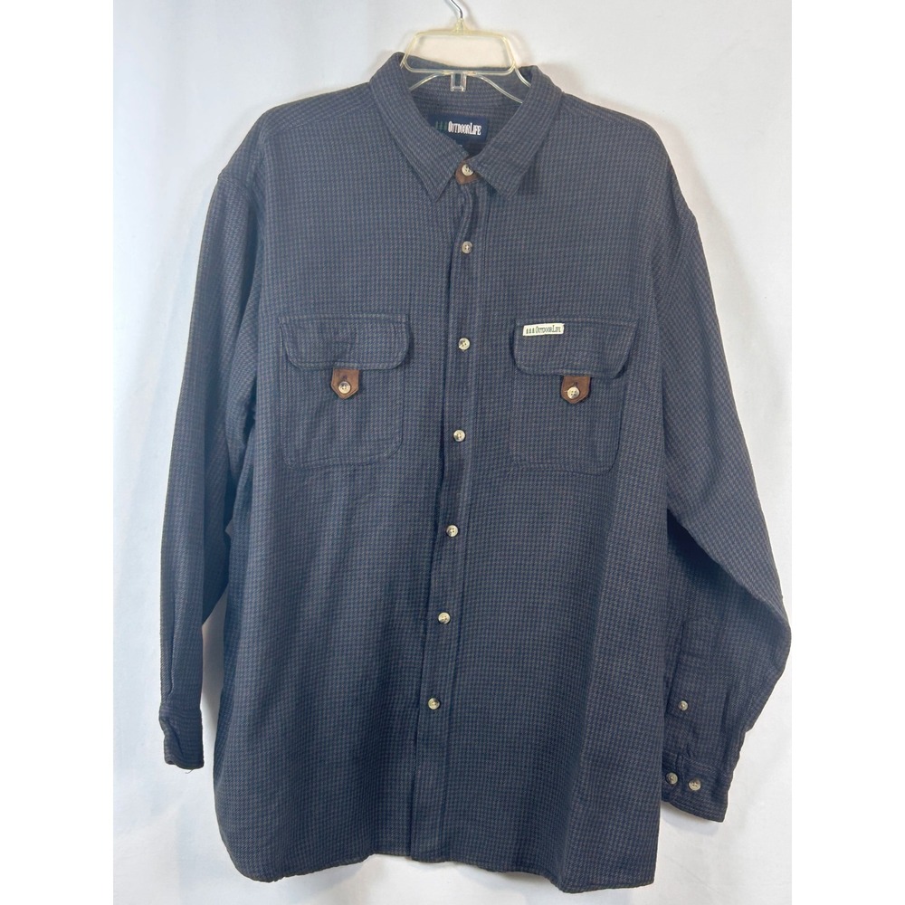 Outdoor Life Mens XL Blue Brown Houndstooth Long Sleeve Cotton Button Down Shirt